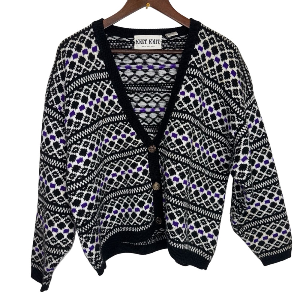 Vintage Knit Knit Black Purple White Cardigan Knit Halloween Fall Grandpa